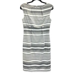 Calvin Klein Sheath Dress Womens 4 Gray White Striped Boat Neck Pleated Bodice